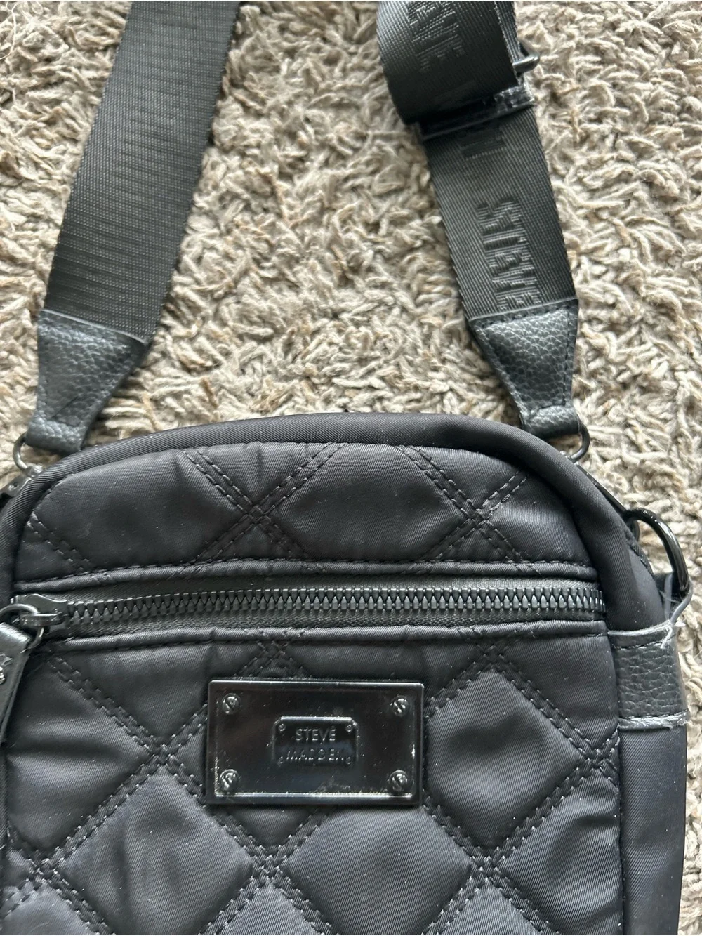 Steve Madden Black Quilted Crossbody Bag | Logo Strap Sling Bag